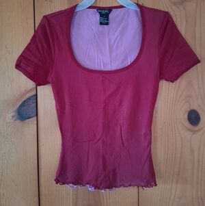 Guess Sheer Contrasting Layer Scoop Neck Short Sleeve Top